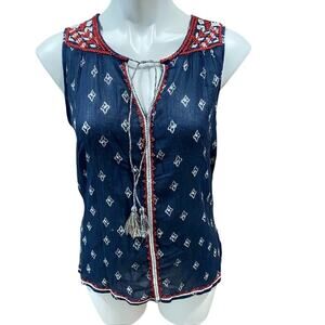 Lucky Brand Embroidered Blouse Sz XS Sleeveless Blouse Red White Blue